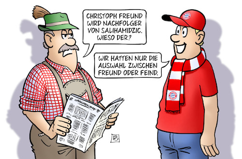 Cartoon: Freund beim FCB (medium) by Harm Bengen tagged christoph,freund,nachfolger,salihamidzic,sportdirektor,auswahl,feind,fcb,fc,bayern,münchen,fussball,harm,bengen,cartoon,karikatur,christoph,freund,nachfolger,salihamidzic,sportdirektor,auswahl,feind,fcb,fc,bayern,münchen,fussball,harm,bengen,cartoon,karikatur