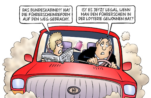 Cartoon: Führerscheinreform (medium) by Harm Bengen tagged bundeskabinett,führerscheinreform,kfz,lotterie,gewonnen,harm,bengen,cartoon,karikatur,bundeskabinett,führerscheinreform,kfz,lotterie,gewonnen,harm,bengen,cartoon,karikatur