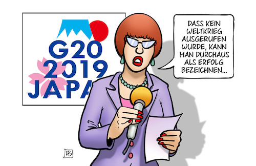 Cartoon: G20-Ergebnisse (medium) by Harm Bengen tagged weltkrieg,erfolg,g20,japan,osaka,ergebnisse,streit,handelsstreit,klimawandel,scheitern,reporterin,harm,bengen,cartoon,karikatur,weltkrieg,erfolg,g20,japan,osaka,ergebnisse,streit,handelsstreit,klimawandel,scheitern,reporterin,harm,bengen,cartoon,karikatur