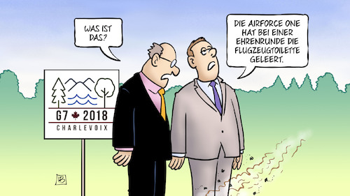 Cartoon: G7-Eklat (medium) by Harm Bengen tagged airforce,one,ehrenrunde,flugzeugtoilette,wc,trump,usa,gipfel,treffen,g7,kanada,2018,charlevoix,handelskrieg,iran,atomabkommen,klima,streit,abreise,harm,bengen,cartoon,karikatur,airforce,one,ehrenrunde,flugzeugtoilette,wc,trump,usa,gipfel,treffen,g7,kanada,2018,charlevoix,handelskrieg,iran,atomabkommen,klima,streit,abreise,harm,bengen,cartoon,karikatur