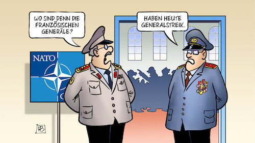 Cartoon: Generalstreik (medium) by Harm Bengen tagged frankreich,nato,general,soldaten,französische,generäle,generalstreik,proteste,rentenreform,harm,bengen,cartoon,karikatur,frankreich,nato,general,soldaten,französische,generäle,generalstreik,proteste,rentenreform,harm,bengen,cartoon,karikatur