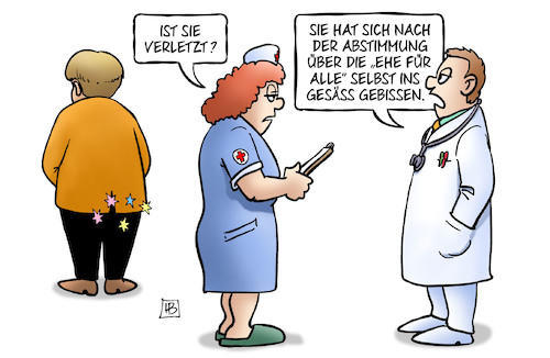 Cartoon: Gesäss-Biss (medium) by Harm Bengen tagged verletzt,gesäss,biss,beissen,koalitionsbruch,merkel,ehe,für,alle,homoehe,gleichberechtigung,abstimmung,bundestagswahl,krankenschwester,schmerz,arzt,harm,bengen,cartoon,karikatur,verletzt,gesäss,biss,beissen,koalitionsbruch,merkel,ehe,für,alle,homoehe,gleichberechtigung,abstimmung,bundestagswahl,krankenschwester,schmerz,arzt,harm,bengen,cartoon,karikatur