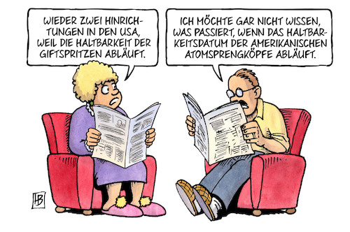 Cartoon: Gift-Haltbarkeit (medium) by Harm Bengen tagged hinrichtungen,usa,haltbartkeit,giftspritzen,haltbarkeitsdatum,amerikanische,atomsprengkoepfe,zeitung,harm,bengen,cartoon,karikatur,hinrichtungen,usa,haltbartkeit,giftspritzen,haltbarkeitsdatum,amerikanische,atomsprengkoepfe,zeitung,harm,bengen,cartoon,karikatur