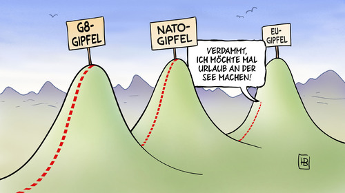 Cartoon: Gipfelmarsch (medium) by Harm Bengen tagged gipfelmarsch,gipfel,nato,eu,g8,urlaub,see,meer,berge,gipfelmarsch,nato,gipfel,eu,g8,urlaub
