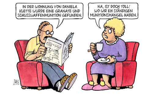 Cartoon: Granatenfund (medium) by Harm Bengen tagged wohnung,daniela,klette,raf,granate,schusswaffenmunition,munitionsmangel,harm,bengen,cartoon,karikatur,wohnung,daniela,klette,raf,granate,schusswaffenmunition,munitionsmangel,harm,bengen,cartoon,karikatur