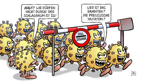 Cartoon: Grenzschliessung und Viren (medium) by Harm Bengen tagged grenzschliessung,grenze,viren,schlagbaum,preussische,mutationen,corona,harm,bengen,cartoon,karikatur,grenzschliessung,grenze,viren,schlagbaum,preussische,mutationen,corona,harm,bengen,cartoon,karikatur