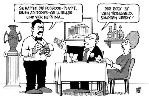 Cartoon: Griechenland (medium) by Harm Bengen tagged griechenland,eu,krise,kredit,ezb,iwf,bankrott,pleite,haushalt,defizit
