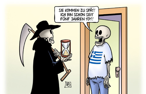 Cartoon: Griechenland tot (medium) by Harm Bengen tagged fünf,jahre,tod,tot,skelett,sense,sanduhr,frist,tsipras,europa,sondergipfel,grexit,troika,institutionen,eu,ezb,iwf,griechenland,pleite,schulden,harm,bengen,cartoon,karikatur,fünf,jahre,tod,tot,skelett,sense,sanduhr,frist,tsipras,europa,sondergipfel,grexit,troika,institutionen,eu,ezb,iwf,griechenland,pleite,schulden,harm,bengen,cartoon,karikatur