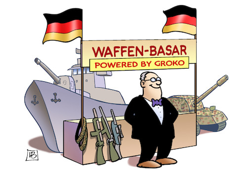 Cartoon: Groko-Rüstung (medium) by Harm Bengen tagged powered,groko,rüstungsexporte,waffenbasar,deutschland,bengen,cartoon,karikatur,powered,groko,rüstungsexporte,waffenbasar,deutschland,bengen,cartoon,karikatur