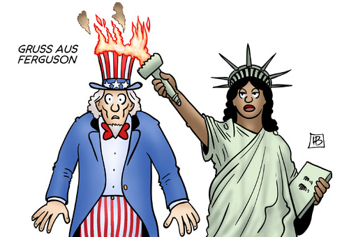 Cartoon: Gruss aus Ferguson (medium) by Harm Bengen tagged jury,ferguson,entscheidung,michael,brown,ausschreitungen,krawalle,weisser,polizist,polizei,rassismaus,justiz,usa,miss,liberty,freiheitsstatue,uncle,sam,feuer,fackel,harm,bengen,cartoon,karikatur,jury,ferguson,entscheidung,michael,brown,ausschreitungen,krawalle,weisser,polizist,polizei,rassismaus,justiz,usa,miss,liberty,freiheitsstatue,uncle,sam,feuer,fackel,harm,bengen,cartoon,karikatur