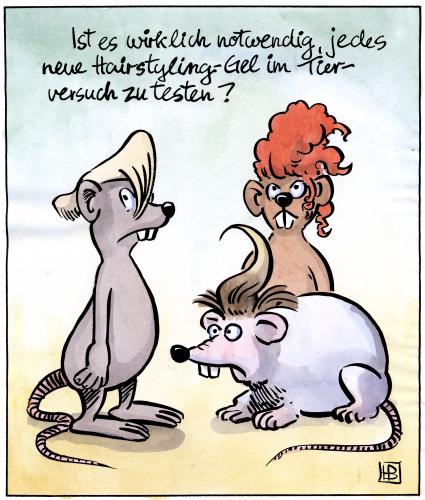 Cartoon: Haarstyling-Gel im Tierversuch (medium) by Harm Bengen tagged tierversuche,haar,styling,gel,kosmetik,frisör,tierschutz,tierversuche,haarstyling,haar,styling,gel,frisur,friseur,frisör,mode,trend,hip,testen,mäuse,nagetiere,tiere,perücken,tierschutz,labor,labormäuse,pharmazie,pharmazeutische industrie,schönheit,kosmetik,verträglichkeit,studien,doppelblindstudie,blindstudie,labortiere,tierrechte,peta,ethik,grundlagenforschung,toxin,toxologisch,vivisektion,haarkünstler,figaro,pharmazeutische,industrie