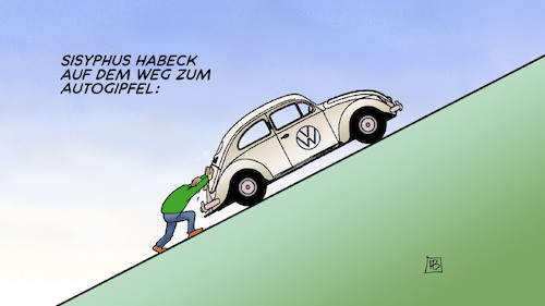 Cartoon: Habecks Autogipfel (medium) by Harm Bengen tagged sisyphus,habeck,autogipfel,kfz,kaefer,vw,harm,bengen,cartoon,karikatur,sisyphus,habeck,autogipfel,kfz,kaefer,vw,harm,bengen,cartoon,karikatur