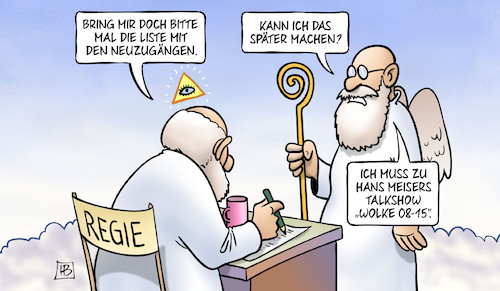 Cartoon: Hans Meiser (medium) by Harm Bengen tagged gott,petrus,himmel,tod,liste,neuzugänge,hans,meisers,talkshow,wolke,tv,harm,bengen,cartoon,karikatur,gott,petrus,himmel,tod,liste,neuzugänge,hans,meisers,talkshow,wolke,tv,harm,bengen,cartoon,karikatur