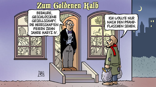 Cartoon: Hartz-Feier (medium) by Harm Bengen tagged goldenes,kalb,geschlossene,gesellschaft,restaurant,lokal,kneipe,gastwirtschaft,feier,diener,hartz,pfandflaschen,pfandsammler,flaschen,armut,harm,bengen,cartoon,karikatur,goldenes,kalb,geschlossene,gesellschaft,restaurant,lokal,kneipe,gastwirtschaft,feier,diener,hartz,pfandflaschen,pfandsammler,flaschen,armut,harm,bengen,cartoon,karikatur