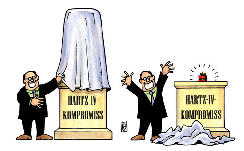 Cartoon: Hartz4-Kompromiss (medium) by Harm Bengen tagged kompromiss,hartz,hartz4,regelsatz,geschenk,mogelpackung,sockel,denkmal,kompromiß,schwesig,leyen,bildungspaket,erhöhung,beck,böhmer,bundesregierung,bundestag,bundesrat,seehofer,armut,abrebeitsagentur,arbeitsamt,sozialamt,hartz,kompromiss,denkmal,sockel,mogelpackung,regelsatz,erhöhung,bildungspaket,schwesig,leyen,seehofer