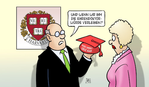 Cartoon: Harvard und Trump (medium) by Harm Bengen tagged harvard,universität,trump,ehrendoktorwürde,doktorhut,maga,wissenschaftsfreiheit,repression,harm,bengen,cartoon,karikatur,harvard,universität,trump,ehrendoktorwürde,doktorhut,maga,wissenschaftsfreiheit,repression,harm,bengen,cartoon,karikatur