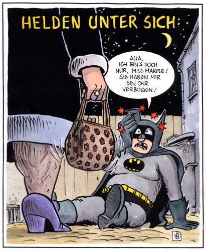 Cartoon: Helden unter sich (medium) by Harm Bengen tagged helden,batman,miss,marple,superheld,comic,krimi,helden,batman,miss,marple,literatur,comic,superheld,nacht,stadt,krimi,detektiv,handtasche,schlagen,missverständnis,freunde,mix,genre,comicheld,robin,batmobil,gotham city,bösewicht,schurken,morde,agatha christie,autorin,kriminalbuchautorin,krimiautorin,joker,kombinieren,kombinationsgabe,aufklären,mörder,verunstaltung,ohr,verletzung,gotham,city,agatha,christie