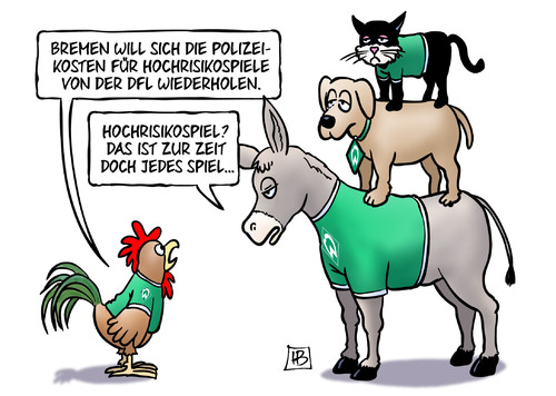 Cartoon: Hochrisikospiel (medium) by Harm Bengen tagged bremen,polizei,polizeikosten,hochrisikospiele,hochrisikospiel,dfl,bundesliga,tabelle,fussball,abstieg,werder,bremer,stadtmusikanten,hahn,esel,hund,katze,harm,bengen,cartoon,karikatur,bremen,polizei,polizeikosten,hochrisikospiele,hochrisikospiel,dfl,bundesliga,tabelle,fussball,abstieg,werder,bremer,stadtmusikanten,hahn,esel,hund,katze,harm,bengen,cartoon,karikatur