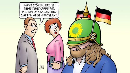 Cartoon: Hofreiter denkt (medium) by Harm Bengen tagged hofreiter,gruene,pickelhaube,denkkappe,einsatz,westlicher,waffen,russland,ukraine,krieg,harm,bengen,cartoon,karikatur,hofreiter,gruene,pickelhaube,denkkappe,einsatz,westlicher,waffen,russland,ukraine,krieg,harm,bengen,cartoon,karikatur