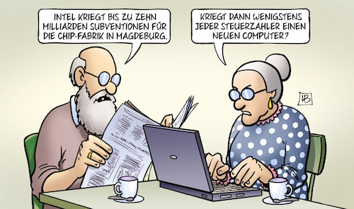 Cartoon: Intel-Subventionen (medium) by Harm Bengen tagged intel,zehn,milliarden,subventionen,chips,fabrik,magdeburg,steuerzahler,computer,susemil,laptop,harm,bengen,cartoon,karikatur,intel,zehn,milliarden,subventionen,chips,fabrik,magdeburg,steuerzahler,computer,susemil,laptop,harm,bengen,cartoon,karikatur