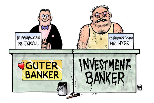 Cartoon: Investmentbanker (medium) by Harm Bengen tagged investmentbanker,investment,banker,bank,krise,geld,spekulation,kredit,jekyll,hyde,investmentbanker,investment,banker,geld,krise,spekulation,kredit,hyde,bank