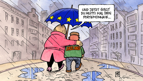 Cartoon: Irland unter dem Rettungsschirm (medium) by Harm Bengen tagged irland,rettungsschirm,eu,euro,ezb,iwf,krise,banken,finanzen,rettung,kredit,verschuldung,schirm,regen,geldbörse,portemonnaie,irland,griechenland,portugal,spanien,finanzkrise,wirtschaftskrise,wirtschaft,defizit,staatsdefizit,euro,europa,bankrott,pleite,iwf,währung