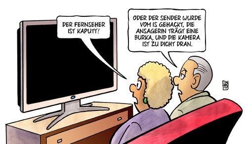 Cartoon: IS-Hacker (medium) by Harm Bengen tagged fernseher,kaputt,sender,tv,is,gehackt,hacker,ansagerin,burka,kamera,islamisten,cybercrime,cyberwar,frankreich,tv5,harm,bengen,cartoon,karikatur,fernseher,kaputt,sender,tv,is,gehackt,hacker,ansagerin,burka,kamera,islamisten,cybercrime,cyberwar,frankreich,tv5,harm,bengen,cartoon,karikatur