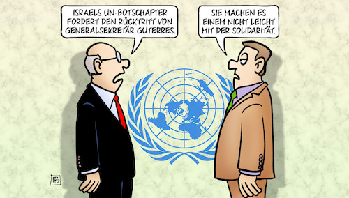 Cartoon: Israel und Guterres (medium) by Harm Bengen tagged uno,botschafter,rücktritt,generalsekretär,guterres,solidarität,gaza,israel,hamas,palästina,terror,krieg,harm,bengen,cartoon,karikatur,uno,botschafter,rücktritt,generalsekretär,guterres,solidarität,gaza,israel,hamas,palästina,terror,krieg,harm,bengen,cartoon,karikatur