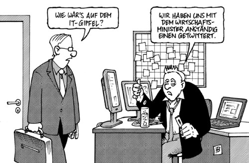 Cartoon: IT-Gipfel (medium) by Harm Bengen tagged it,gipfel,bundesregierung,wirtschaftminister,brüderle,twitter,alkohol,internet,twittern,kommunikation,web,information,informationsgesellschaft,computer,technik,technologie,community