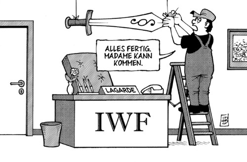 Cartoon: IWF-Chefin (medium) by Harm Bengen tagged iwf,währungsfonds,chefin,vorsitzende,lagarde,finanzministerin,frankreich,paragraf,ermittlungen,tapie,adidas,abfindung,begünstigung,justiz,amtsmissbrauch,damoklesschwert