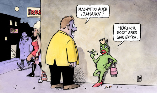 Cartoon: Jamaika (medium) by Harm Bengen tagged jamaika,grün,gelb,schwarz,saarland,koalition,landtagswahl,regierung,frosch,prostitution,grüne,cdu,fdp,jamaika,grün,gelb,schwarz,saarland,koalition,landtagswahl,regierung,frosch,prostitution,sex,grüne,cdu