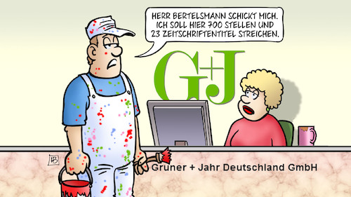 Cartoon: Job-Abbau Gruner und Jahr (medium) by Harm Bengen tagged bertelsmann,rtl,stellen,zeitschriftentitel,streichen,maler,job,abbau,entlassungen,gruner,jahr,wirtschaft,harm,bengen,cartoon,karikatur,bertelsmann,rtl,stellen,zeitschriftentitel,streichen,maler,job,abbau,entlassungen,gruner,jahr,wirtschaft,harm,bengen,cartoon,karikatur