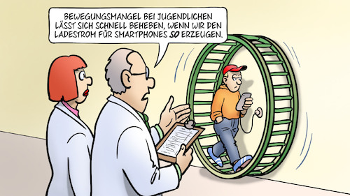 Cartoon: Jugend-Bewegung (medium) by Harm Bengen tagged jugend,bewegung,bewegungsmangel,jugendliche,ladestrom,smartphones,handy,wissenschaftler,hamsterrad,harm,bengen,cartoon,karikatur,jugend,bewegung,bewegungsmangel,jugendliche,ladestrom,smartphones,handy,wissenschaftler,hamsterrad,harm,bengen,cartoon,karikatur