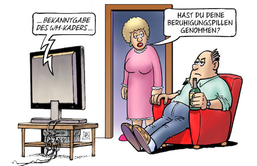 Cartoon: Kader-Bekanntgabe (medium) by Harm Bengen tagged bekanntgabe,wm,fußball,kader,beruhigungspillen,tv,harm,bengen,cartoon,karikatur,bekanntgabe,wm,fußball,kader,beruhigungspillen,tv,harm,bengen,cartoon,karikatur