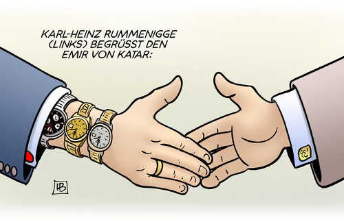 Cartoon: Katar in Bayern (medium) by Harm Bengen tagged karl,heinz,rummenigge,fcb,fc,bayern,fussball,emir,katar,staatsbesuch,bestechung,korruption,rolex,wm,harm,bengen,cartoon,karikatur,karl,heinz,rummenigge,fcb,fc,bayern,fussball,emir,katar,staatsbesuch,bestechung,korruption,rolex,wm,harm,bengen,cartoon,karikatur