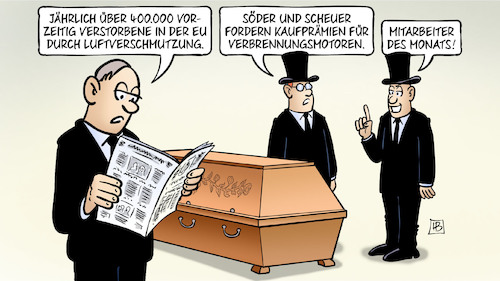 Cartoon: Kaufprämie für Verbrenner (medium) by Harm Bengen tagged söder,scheuer,csu,kaufprämien,verbrennungsmotoren,mitarbeiter,des,monats,bestatter,sarg,400000,tod,sterben,eu,jährlich,vorzeitig,luftverschmutzung,harm,bengen,cartoon,karikatur,söder,scheuer,csu,kaufprämien,verbrennungsmotoren,mitarbeiter,des,monats,bestatter,sarg,400000,tod,sterben,eu,jährlich,vorzeitig,luftverschmutzung,harm,bengen,cartoon,karikatur