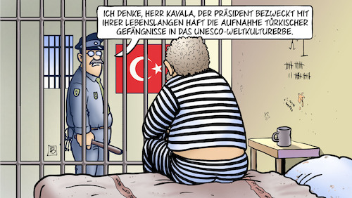 Cartoon: Kavala lebenslänglich (medium) by Harm Bengen tagged unesco,weltkulturerbe,erdogan,lebenslaenglich,gefaengnis,knast,kavala,tuerkei,harm,bengen,cartoon,karikatur,unesco,weltkulturerbe,erdogan,lebenslaenglich,gefaengnis,knast,kavala,tuerkei,harm,bengen,cartoon,karikatur