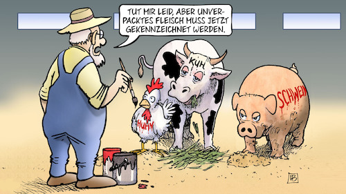 Cartoon: Kennzeichnungspflicht (medium) by Harm Bengen tagged kennzeichnungspflicht,unverpacktes,fleisch,bauer,farbe,pinsel,huhn,kuh,rind,schwein,stall,harm,bengen,cartoon,karikatur,kennzeichnungspflicht,unverpacktes,fleisch,bauer,farbe,pinsel,huhn,kuh,rind,schwein,stall,harm,bengen,cartoon,karikatur