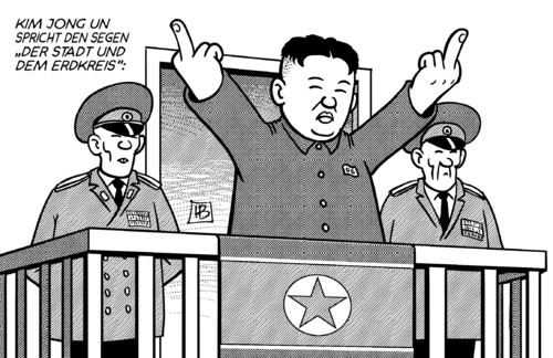 Cartoon: Kim-Segen (medium) by Harm Bengen tagged kim,jong,un,nordkorea,südkorea,krieg,provokation,manöver,raketen,atomwaffen,test,usa,obama,segen,vatikan,kirche,urbi,et,orbi,harm,bengen,cartoon,karikatur