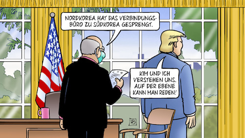 Cartoon: Kim sprengt (medium) by Harm Bengen tagged nordkorea,verbindungsbüro,suedkorea,gesprengt,sprengung,kim,jong,un,trump,freunde,oval,office,raketen,krieg,harm,bengen,cartoon,karikatur,nordkorea,verbindungsbüro,suedkorea,gesprengt,sprengung,kim,jong,un,trump,freunde,oval,office,raketen,krieg,harm,bengen,cartoon,karikatur