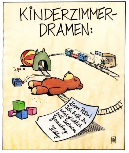 Cartoon: Kinderzimmerdramen (medium) by Harm Bengen tagged kinderzimmerdramen,kinder,teddy,gameboy,kinderzimmer,drama,kinder,teddybär,gameboy,austausch,ersatz,selbsmord,einsam,verlassen,vernachlässigen,modern,technik,alt,neu,überfahren,zug,gleise,abschied,abschiedsbrief,kind,spielzeug,leid,depression,suizid,spielzeugeisenbahn,märklin,modelleisenbahn,fortschritt,fortschrittsglaube,fortschrittlich,melancholisch,kinderträume,nostalgisch,nostalgie,kindergarten,kindergärtnerin,elektronisches spielzeug,elektrisches spielzeug,oval,spielsachen,selbsttötung,elektronisches,elektrisches