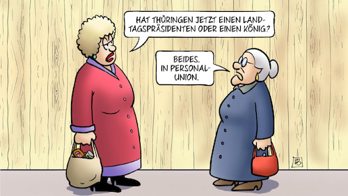 Cartoon: König für Thüringen (medium) by Harm Bengen tagged könig,cdu,thüringen,landtagspräsident,personalunion,landtagswahl,afd,susemil,harm,bengen,cartoon,karikatur,könig,cdu,thüringen,landtagspräsident,personalunion,landtagswahl,afd,susemil,harm,bengen,cartoon,karikatur