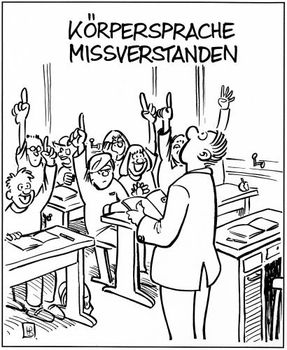 Cartoon: Körpersprache (medium) by Harm Bengen tagged körpersprache,missverständnis,lehrer,lehrerin,schule,schüler,schülerin,bildung,pädagogik,pädagoge,ausbildung,dumm,dummheit,intelligenz,melden,drannehmen,zeigefinger,meldung,antworten,frage,unterricht,verständnis