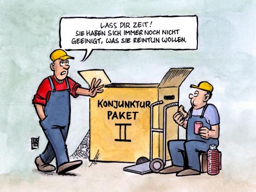 Cartoon: Konjunkturpaket 2 (medium) by Harm Bengen tagged konjunkturpaket,konjunktur,wirtschaft,wirtschaftskrise,finanzkrise,finanzen,geld,pleite,schulden,rettungspaket,krise,kaufkraft,regierung,koalition,einigung,2009