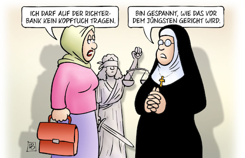 Cartoon: Kopftuch vor Gericht (medium) by Harm Bengen tagged richterbank,kopftuchverbot,bverfg,urteil,religion,jüngstes,gericht,islam,glauben,katholische,kirche,nonne,harm,bengen,cartoon,karikatur,richterbank,kopftuchverbot,bverfg,urteil,religion,jüngstes,gericht,islam,glauben,katholische,kirche,nonne,harm,bengen,cartoon,karikatur