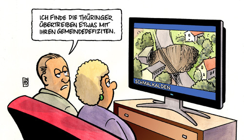 Cartoon: Krater (medium) by Harm Bengen tagged krater,schmalkalden,erdrutsch,einbruch,trichter,städte,gemeinden,defizit,schulden,schuldenbremse,gewerbesteuer,einnahmen,krater,schmalkalden,erdrutsch,einbruch,trichter,städte,gemeinden,defizit,schulden,gewerbesteuer,einnahmen,stadt,gefahr,einbrechen,konstruktion,sicherheit,bauen,bau