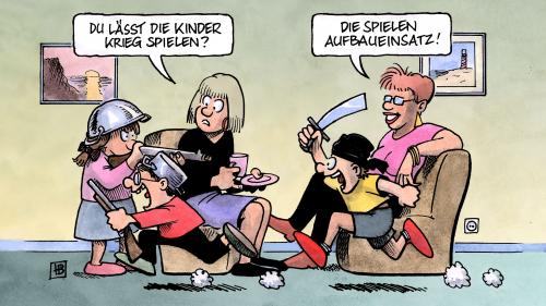 Cartoon: Krieg oder Aufbaueinsatz (medium) by Harm Bengen tagged krieg,aufbaueinsatz,isaf,afghanistan,bundeswehr,verteidigungsminister,jung,kinder,eltern,taliban,gefecht,krieg,kriege,familie,nachwuchs,eltern,kind,kinder,spielen,afghanistan,bundeswehr,isaf,aufbaueinsatz,verteidigungsminister,jung,taliban,gefecht