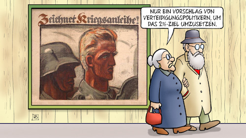 Cartoon: Kriegsanleihen (medium) by Harm Bengen tagged vorschlag,verteidigungspolitikern,kriegsanleihen,plakat,zaun,susemil,rüstung,nato,harm,bengen,cartoon,karikatur,vorschlag,verteidigungspolitikern,kriegsanleihen,plakat,zaun,susemil,rüstung,nato,harm,bengen,cartoon,karikatur