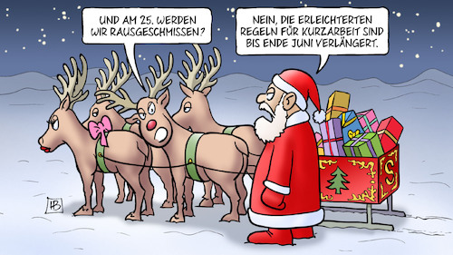 Cartoon: Kurzarbeiterregeln (medium) by Harm Bengen tagged kurzarbeiterregeln,entlassung,erleichterte,regeln,kurzarbeit,arbeitslosigkeit,verlängert,weihnachten,weihnachtsmann,rentiere,harm,bengen,cartoon,karikatur,kurzarbeiterregeln,entlassung,erleichterte,regeln,kurzarbeit,arbeitslosigkeit,verlängert,weihnachten,weihnachtsmann,rentiere,harm,bengen,cartoon,karikatur