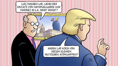 Cartoon: L.A.-Proteste (medium) by Harm Bengen tagged protest,los,angeles,migrationspolitik,verhaftungen,demonstrationen,nationalgarde,marines,kleine,taktische,atomwaffen,finger,trump,usa,harm,bengen,cartoon,karikatur,protest,los,angeles,migrationspolitik,verhaftungen,demonstrationen,nationalgarde,marines,kleine,taktische,atomwaffen,finger,trump,usa,harm,bengen,cartoon,karikatur